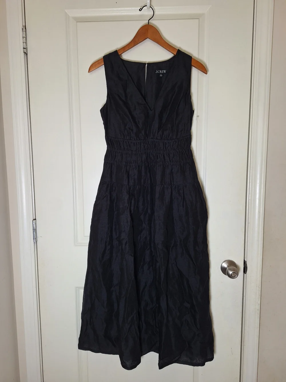 J.Crew Black Sleeveless V-Neck Tiered Smocked Waist Midi Dress Size XS